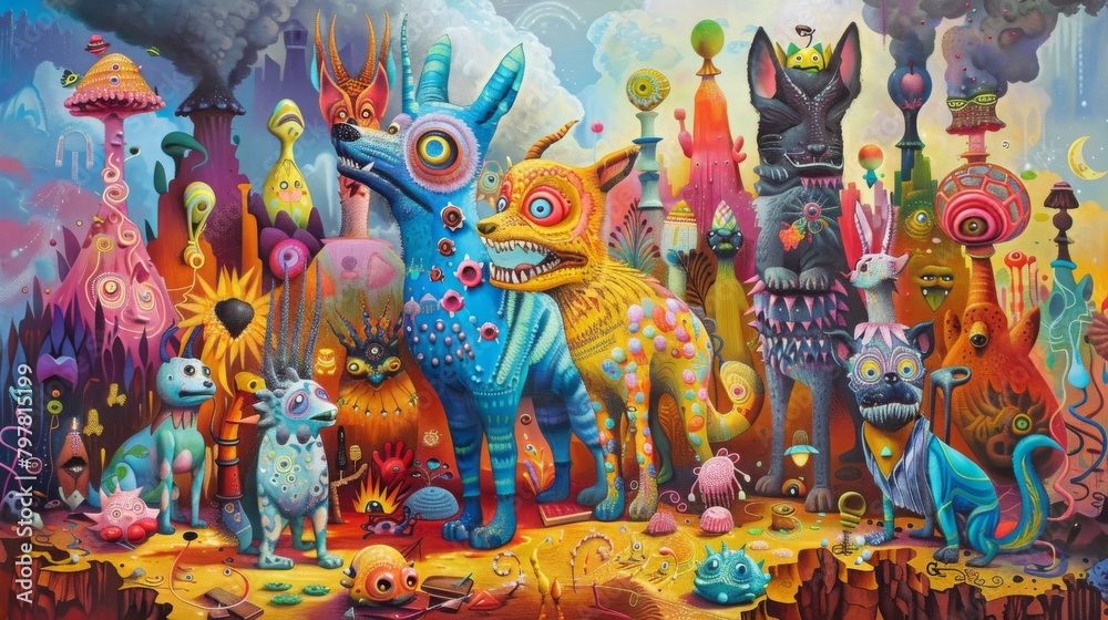 Vivid colors bring to life a surreal Dogs in the painting