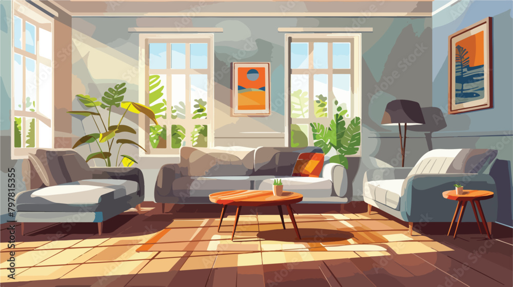 Interior of bright living room with cozy grey sofas