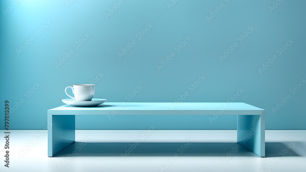 A blue table with a white cup and saucer on it A blue table with a white cup and saucer on it
