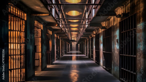 A dimly lit corridor of what appears to be an old prison or jail. The corridor is characterized by a series of metal bars on the windows, allowing minimal light to seep through.
