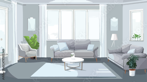 Interior of bright living room with cozy grey sofas