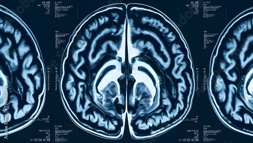Three consecutive MRI scans of a human brain. The scans are labeled with dates and other technical details. The central region of the brain is prominently visible, with the corpus callosum photo
