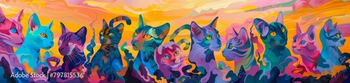 Painted in a vivid spectrum of colors, a surreal dreamscape cat captivates the imagination