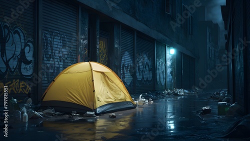 An urban alleyway during the nighttime. A bright yellow tent is pitched on the ground, surrounded by various trash items, including plastic bottles and bags.