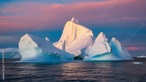 A breathtaking view of icebergs floating on calm waters during what appears to be either dawn or dusk. The icebergs are predominantly white, with some exhibiting shades of blue