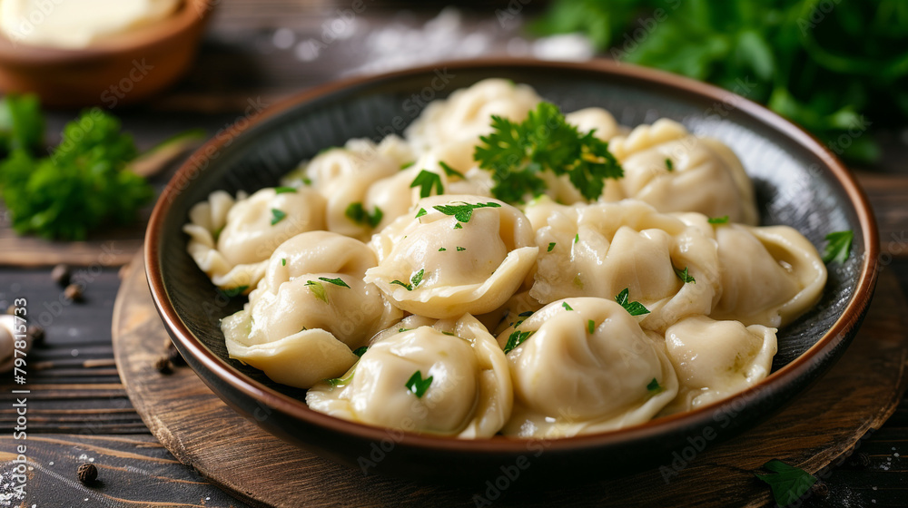 A plate of pelmeni with dumplings filled with minced meat, boiled in water, and topped with butter and parsley. A plate of pelmeni with dumplings filled with minced meat, boiled in water, and topped with butter and parsley.