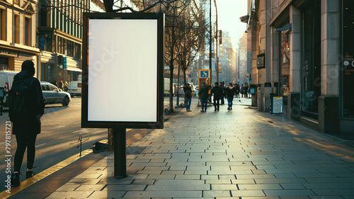 An empty advertisement panel mounted on a busy urban thoroughfare, offering advertisers a prime location to promote their products and services to a diverse demographic  photo