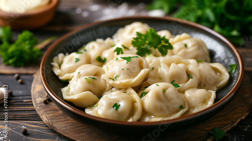 A plate of pelmeni with dumplings filled with minced meat, boiled in water, and topped with butter and parsley.