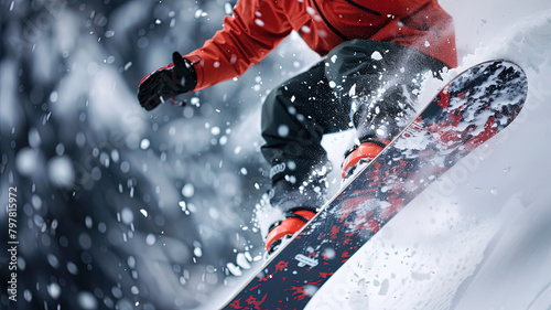 snowboarder doing tricks on the mountain, close up of snowboarder on the snow