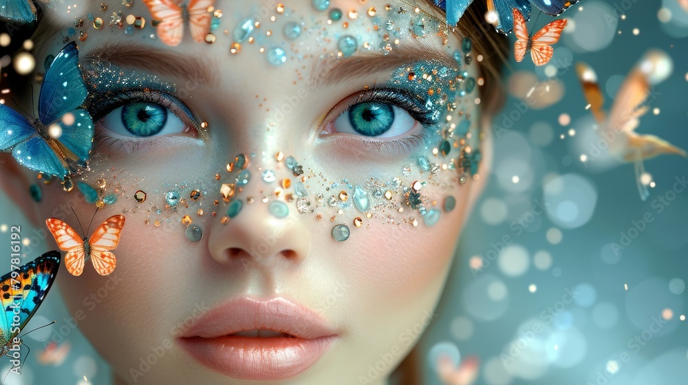 A beautiful girl with blue eyes and butterflies on her face A beautiful girl with blue eyes and butterflies on her face