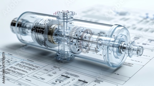 A 3D rendering of a transparent machine part with gears and other internal mechanisms. photo