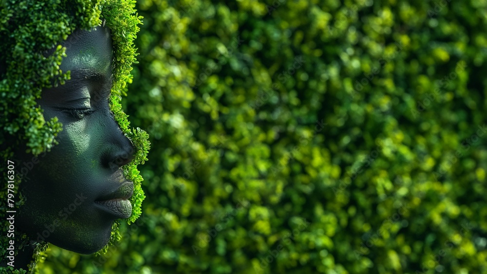 Model Gesicht mit grünen Blätter und Pflanzen umhüllt, Natur und Mensch vereint