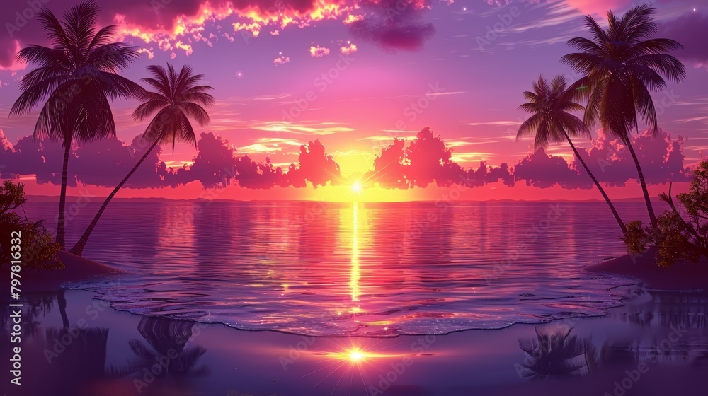 A beautiful sunset over a calm sea. The sky is a gradient of purple and pink, orange and yellow. The sun is a bright yellow orb, and the water is a deep blue. There are two palm trees on each side of