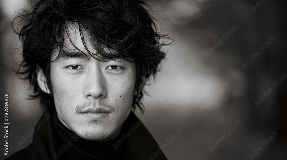 A black and white portrait of a young Asian man with long hair and a serious expression on his face A black and white portrait of a young Asian man with long hair and a serious expression on his face