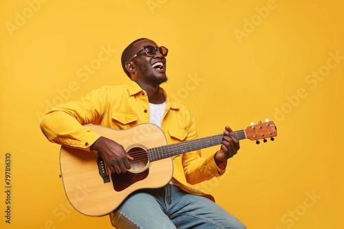 Man holds acoustic guitar and sings musician glasses yellow.