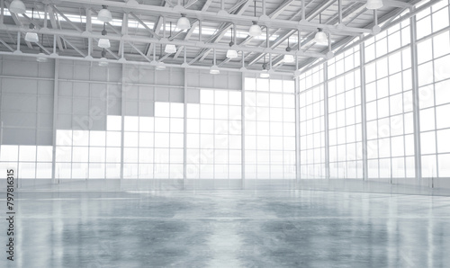 Industrial building interior consist of polished concrete floor and closed door for product display or industry background.
