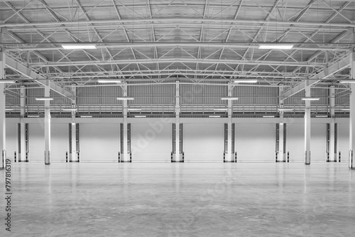 Industrial building interior consist of polished concrete floor and closed door for product display or industry background.