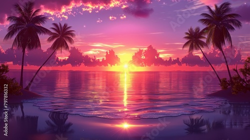 A beautiful sunset over a calm sea. The sky is a gradient of purple and pink, orange and yellow. The sun is a bright yellow orb, and the water is a deep blue. There are two palm trees on each side of © charunwit