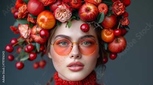 A beautiful young woman with a wreath of red apples, cherries, and roses on her head. She is wearing stylish red sunglasses and has a serene expression on her face. © Ai-Pixel