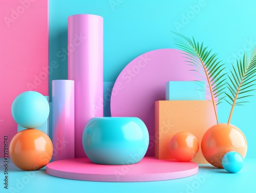 A vibrant display of geometric shapes in aqua, electric blue, magenta on a blue and pink background. The artwork features palm trees, representing Arecales, with a plasticlike texture