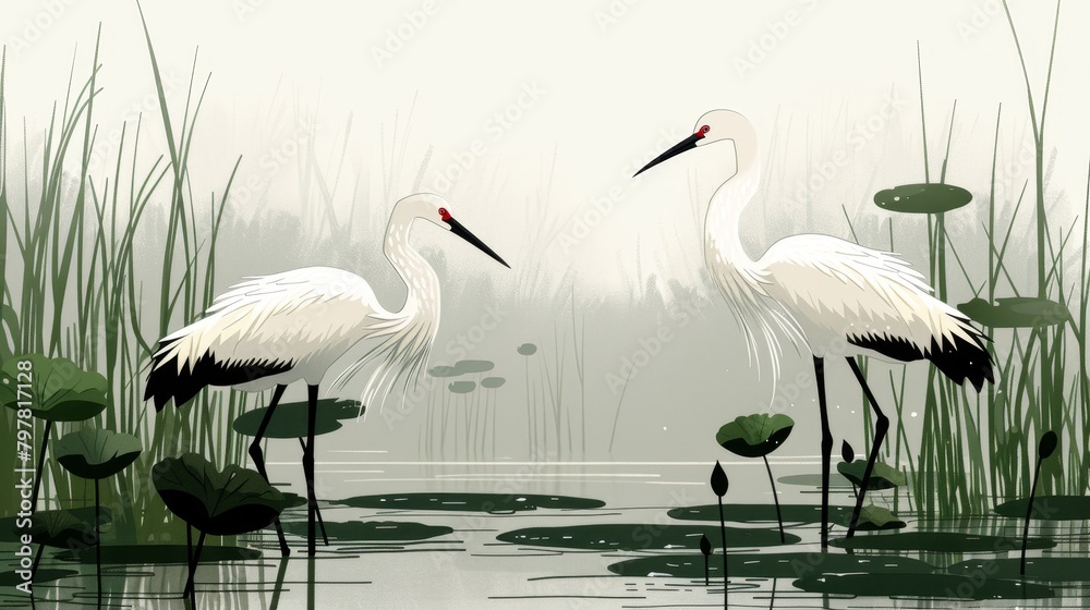 Fototapeta premium Two elegant white cranes standing in a misty marsh, surrounded byLu Wei He He Hua .