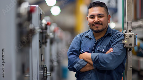 Happy Hispanic male engineer leaning on a machine with arms folded and chuckling while staring at the camera in a factory during a routine check.  photo