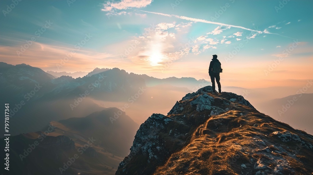 A person stands at the edge of a mountain peak, gazing out towards a dramatic skyline filled with golden sunlight diffusing through wispy clouds. The surrounding mountains are bathed in a soft glow, a