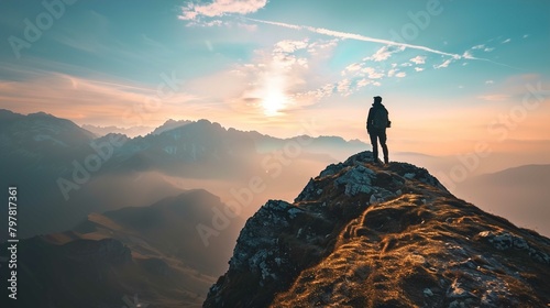 A person stands at the edge of a mountain peak  gazing out towards a dramatic skyline filled with golden sunlight diffusing through wispy clouds. The surrounding mountains are bathed in a soft glow  a