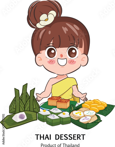 Thai woman in Thai traditional dress with Thai dessert or Kanom thai. Kanom tako Kanom Mokeang Kanom Krok Kanom Saisai and Med Kanoon. Logo Thai dessert vector design.