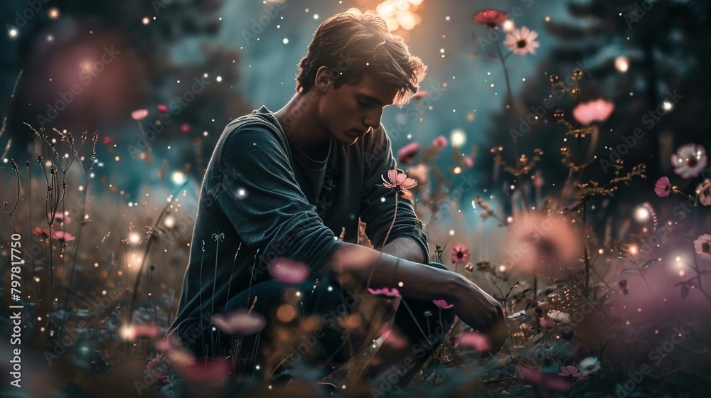 A young person is crouched down in a dreamy, ethereal field of wildflowers. The setting has a magical quality, with soft lighting and a bokeh of sparkling lights throughout the scene. The flowers are 