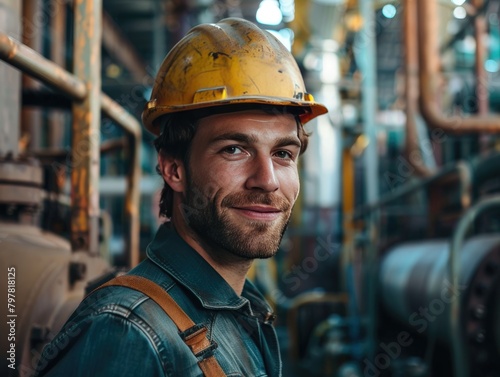 Workers wearing safety helmets in the steel plant workshop