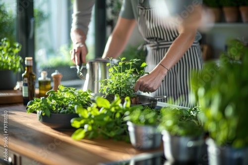 Two people in aprons preparing fresh herbs on a kitchen table in a cozy home setting