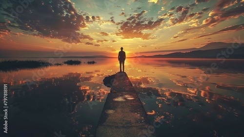 A silhouette of an individual stands at the end of a narrow pier, gazing into the horizon of an expansive body of water reflecting the warm hues of a sunset. The sky is dynamic with scattered clouds, 