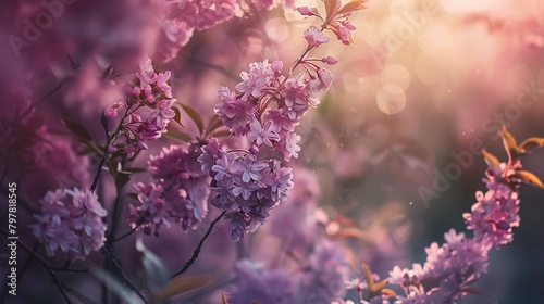 The image shows a close-up of blooming pink flowers  possibly cherry blossoms  with soft-focus foreground and background. The lighting is warm and seems to be of a sunset or sunrise  with bokeh light 
