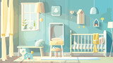 Interior of light childrens bedroom with baby crib 
