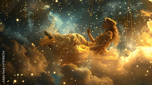 An asterisk girl swinging on a rocker in the clouds 