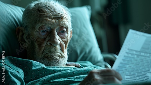 An elderly man reads a letter in a hospital bed.