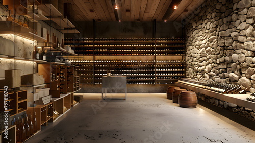 interior view of winery space made of rustique stone wall. minmally designed with corten steel wine shelves 
