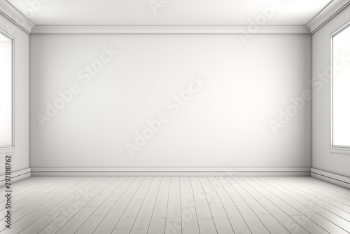 3d rendering of a white room with a wooden floor and a white wall