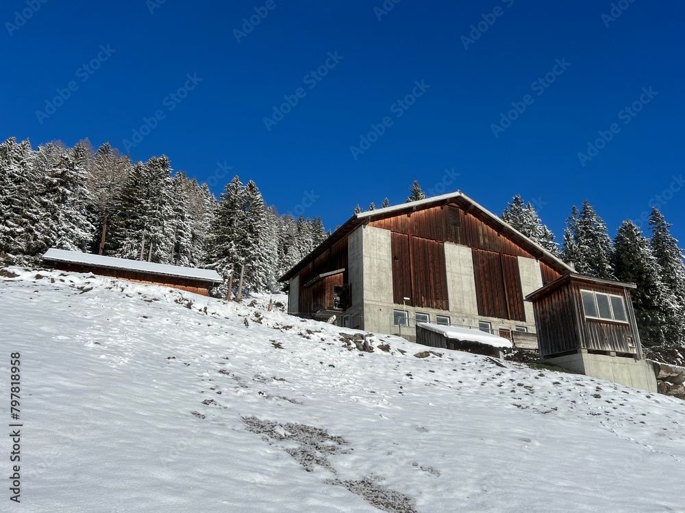 Old traditional swiss rural architecture and alpine livestock farms in the winter ambience of the tourist resorts of Valbella and Lenzerheide in the Swiss Alps - Canton of Grisons, Switzerland