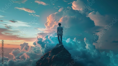 A person stands on the peak of a rugged mountain, gazing out over a vast cloudscape that blankets the sky. The clouds, dense and fluffy with well-defined edges, are illuminated by the warm glow of a s photo