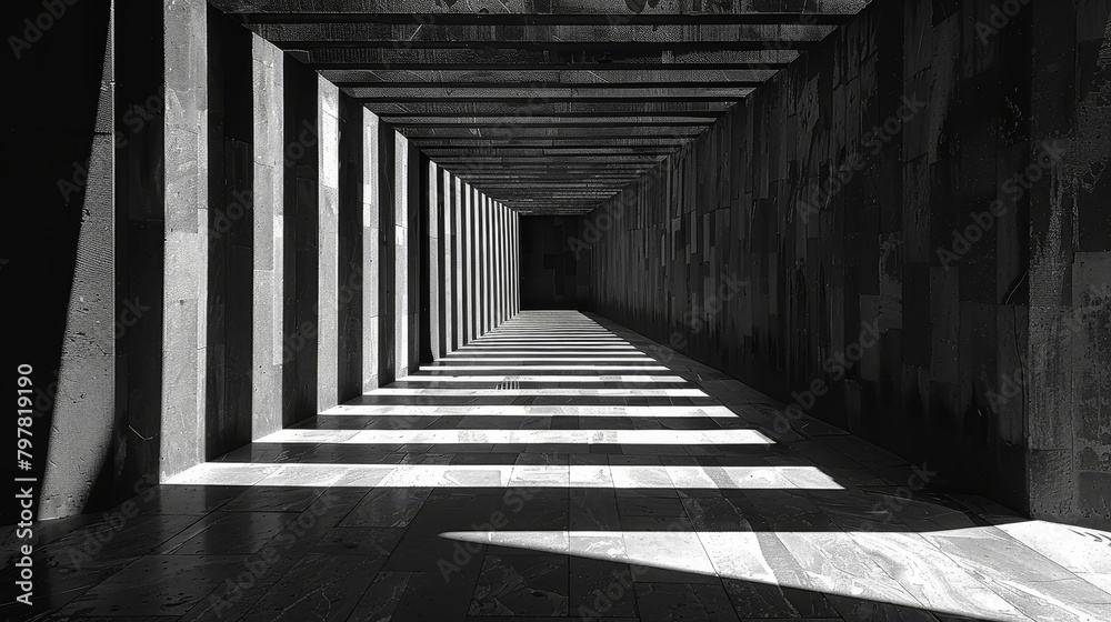 Fototapeta premium Black and white photo of a long hallway with columns and sunlight shining through the window.