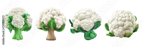 PNG cauliflower 3d icons and objects collection, in cartoon style minimal on transparent, white background, isolate
