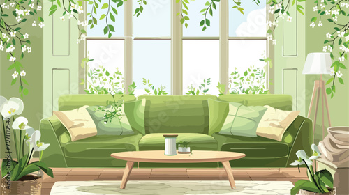 Interior of light living room with green sofa and blo photo
