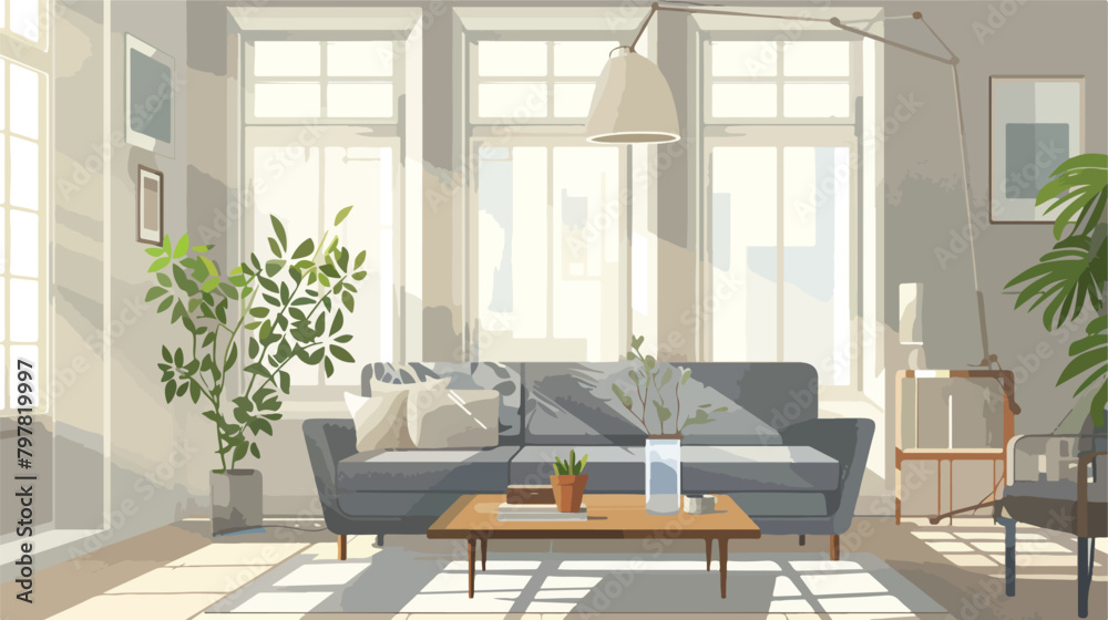 Interior of light living room with grey sofa wooden c
