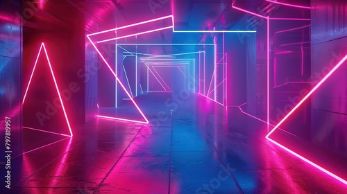 Abstract, neon lines and shapes depicting a virtual NFT gallery © Boraryn