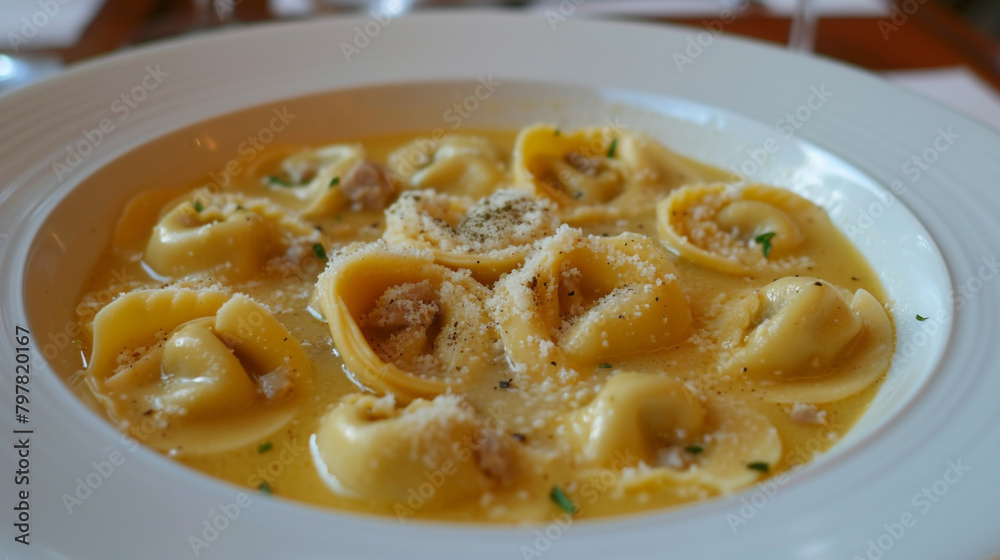 A plate of tortellini with cheese and meat filling, cooked in chicken broth, sprinkled with parmesan cheese and nutmeg. A plate of tortellini with cheese and meat filling, cooked in chicken broth, sprinkled with parmesan cheese and nutmeg.