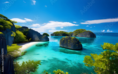 A serene lagoon surrounded by towering limestone cliffs, its waters a vivid shade of turquoise. 