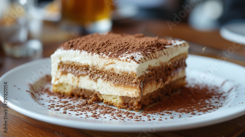 A plate of tiramisu with layers of sponge cake, mascarpone cheese, coffee, and cocoa powder, dusted with powdered sugar.
