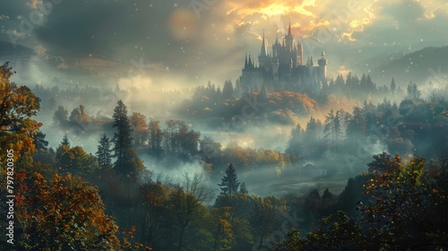 A beautiful landscape painting of a castle in the distance with a foggy forest in the foreground